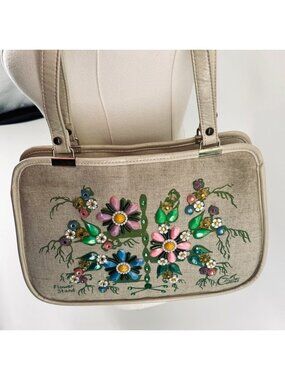 Vintage Enid Collins Flower Stand Beaded Purse With Floral Design & Shoulder Str